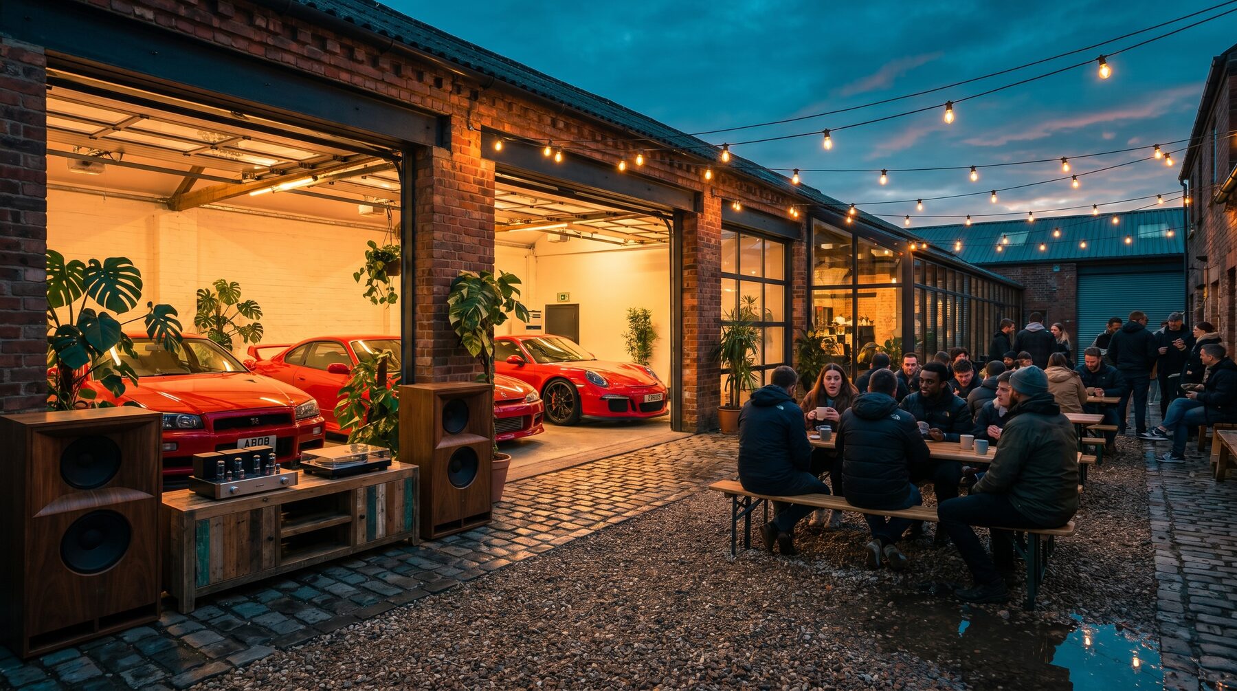 Three-quarter view of the brick warehouse cafe with open garage bays at dusk