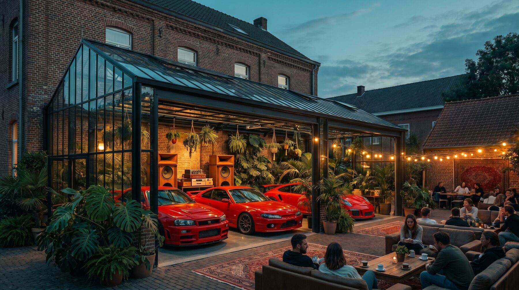 A glasshouse café and garage with red JDM cars displayed inside among plants at dusk