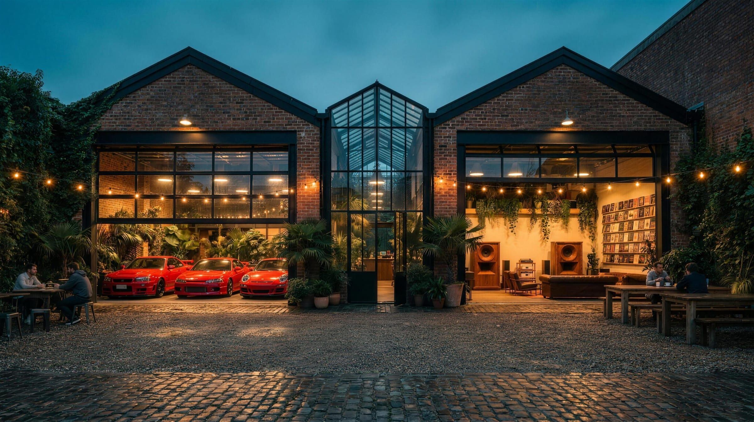 Machine & Memory — the café, garage and hi-fi listening lounge at dusk, red JDM cars displayed inside