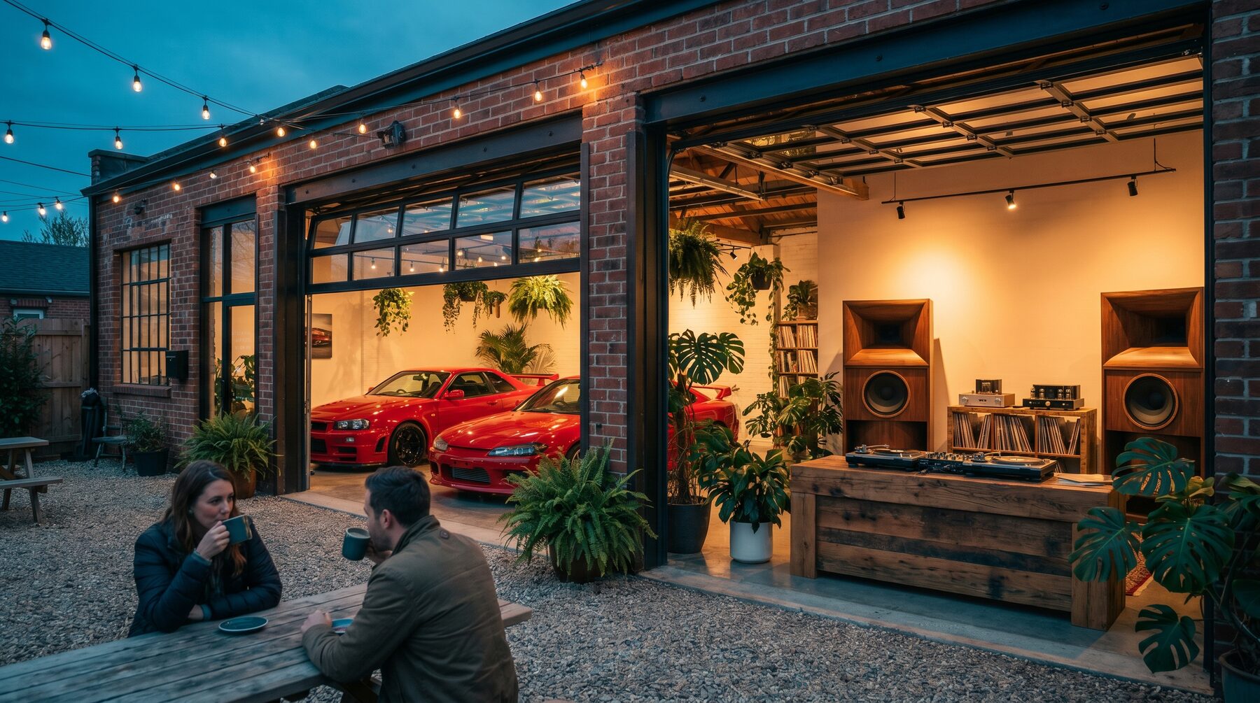 Looking into the open bay — cars on the left, hi-fi listening lounge on the right