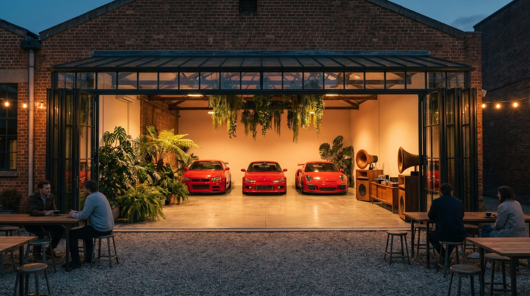 Straight-on view of the glasshouse garage with three red JDM cars lined up inside