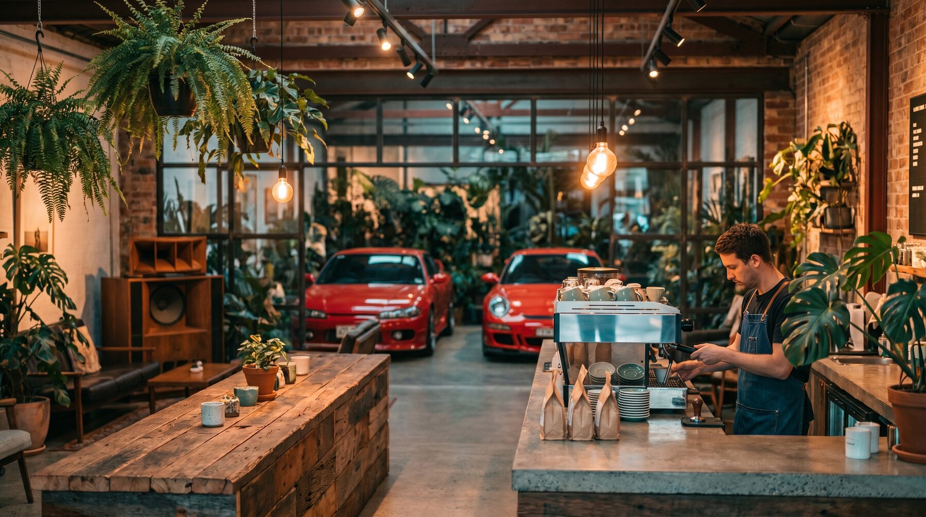 Specialty espresso bar in a motorsports-inspired room with cars behind glass