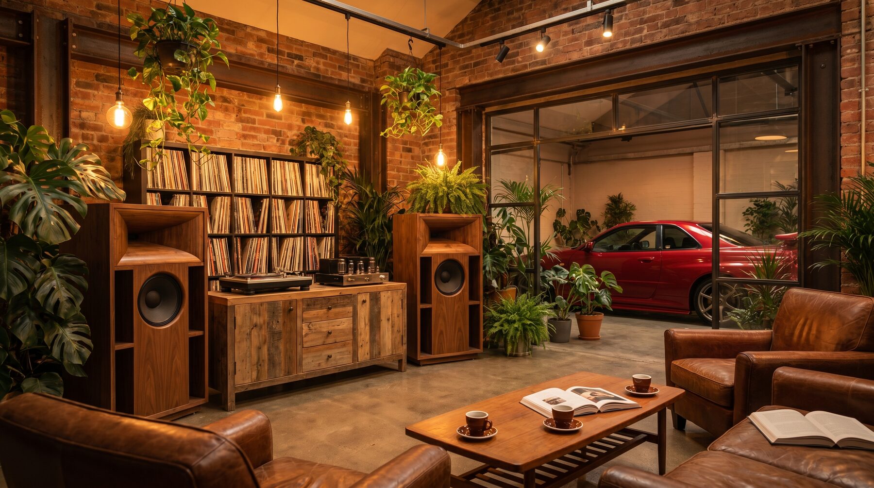 Hi-fi listening lounge with wooden horn speakers, turntable, vinyl and plants